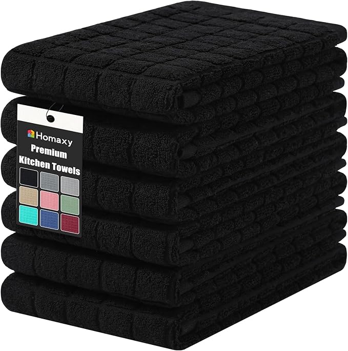 Homaxy Premium Ring Spun Cotton 390 GSM Kitchen Towels, 6 Pack, Black | 16" x 28" Large Dish Towels, Super Absorbent Terry Hand Towels, Soft Tea Towels with Hanging Loops by Homaxy