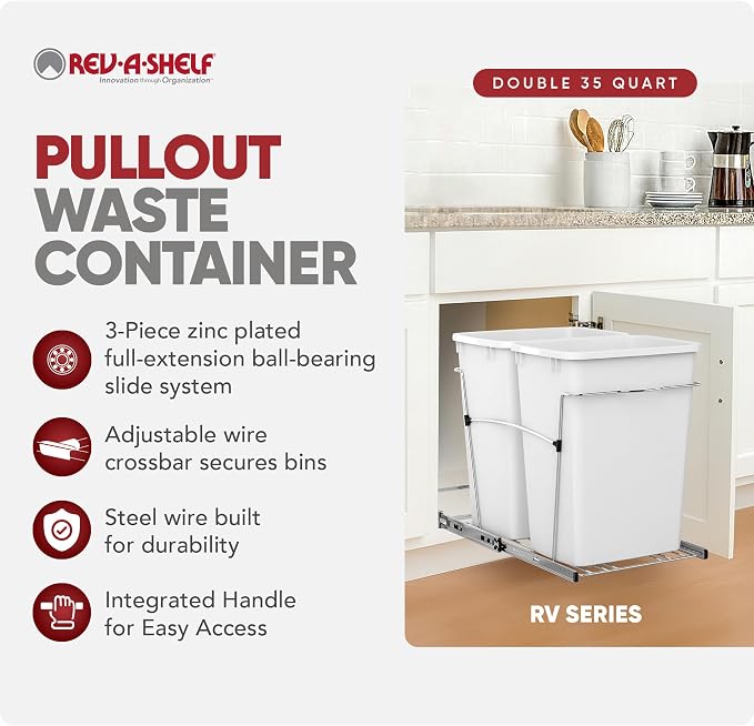 Rev-A-Shelf Double 35 Qt Pullout Trash Can for Base Kitchen Cabinets, Garbage Waste Bin System with Full-Extension Slides, Min Opening Width of 14.5" White/Chrome, RV-18KD-11C S - Image 2
