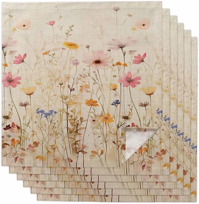 Botanical Wildflower Cloth Napkins Set of 6 - Washable Dinner Napkins Reusable Table Napkins for Home Party Weeding Dining Table Setting Decoration, Oversized 20"x20" Retro Colored Spring Floral Herb by Unknown