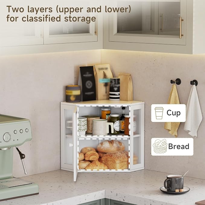 Corner Bread Box for Kitchen Countertop,Bread Storage Bin (White, Medium) | Double Layer Large Capacity Bamboo Bread Container with Acrylic Door,Height Adjustable - Image 4