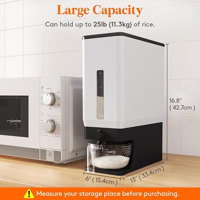 Lifewit Rice Dispenser 25 Lbs, Airtight Storage with Cup, 2 Pack Black | BPA-Free 11.3kg Capacity Storage Container for Beans, Corn & Other Small Grains, One-Press Dispensing Bin for Kitchen Pantry - Image 3