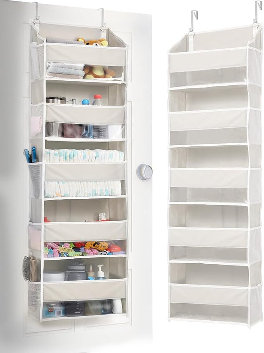 ULG 1-Pack Over Door Organizer with 5 Large Pockets 10 Mesh Side Pockets, 44 lbs Weight Capacity Hanging Storage Organizer with Clear Window for Bedroom Bathroom Kitchen, RV, Camper, Beige by ULG