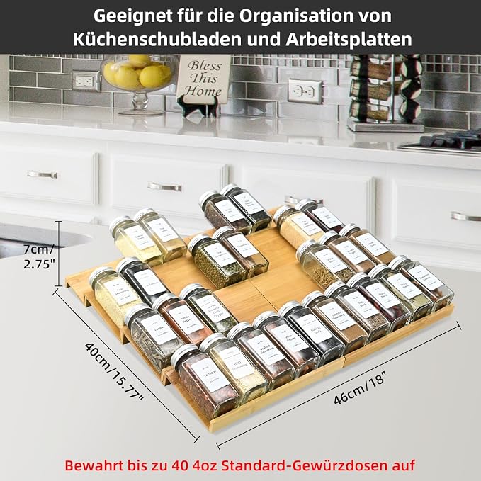 Spice Drawer Organzier,4 Tiers- 8Pcs Bamboo Spice Rack Tray Insert for Cabinet Drawer Countertop, Kitchen Seasoning Storage Drawer Organization,18" Wide x 15.8" Deep （Hold UP To 40 Jars - Image 6