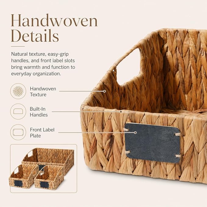 Water Hyacinth Pantry Baskets Set of 3, Chalkboard Labels | Wicker Baskets for Shelves, Woven Pantry Organizer, Laundry Room, Bathroom & Bedroom Storage, Cutout Handles, Large + 2 Small - Image 3