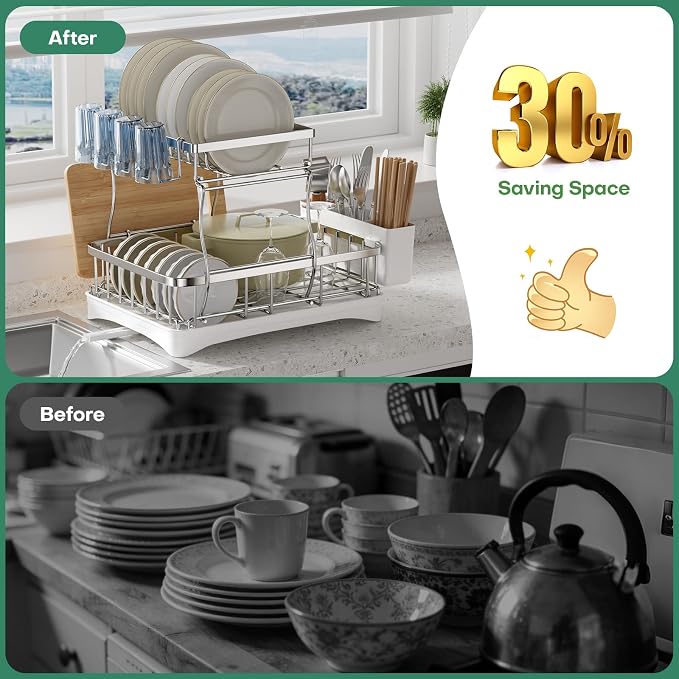 2 Tier Dish Drying Rack,Stainless Steel Dish Rack For Storing Knife Fork Pots&Pans,Dish Drying Rack With Drain Tray For Kitchen Countertops/Sinks,Silver Tiered Dish Rack With Retractable Drain Outlet - Image 5