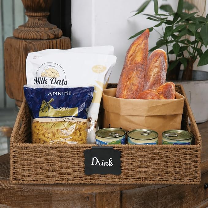 Wicker Baskets for Organizing, Pantry Baskets with Built-in Handles, Handwoven Wicker Storage Basket, Paper Storage Bins for Shelves, Small - 2pcs, Brown - Image 7