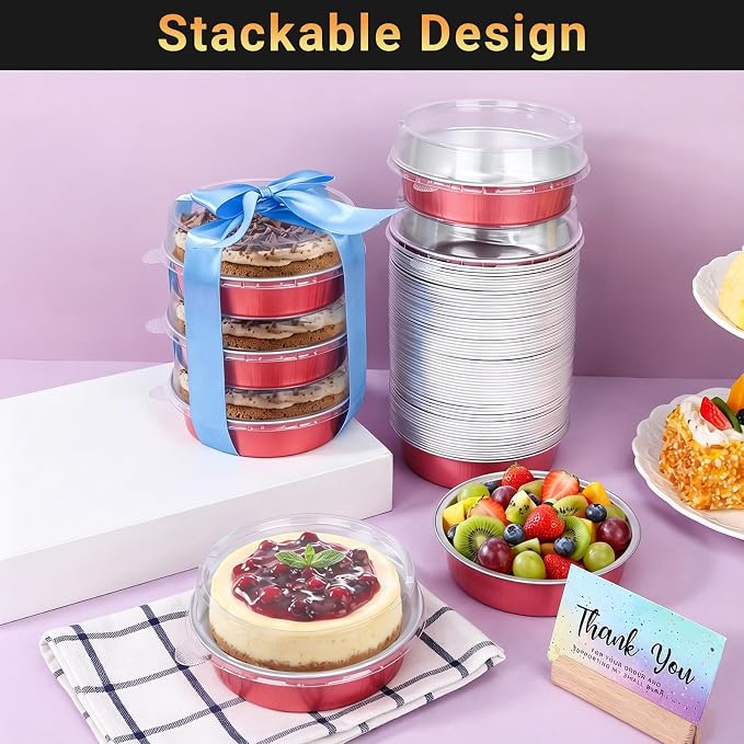Beasea 7.3oz Disposable Mini Pie Tins with Lids, 20 Pack 215ml Grapefruit Pink Aluminum Baking Cups Foil Pie Tins Small Round Tart Container for Individual Dessert Cupcake Muffin Cheesecake Quiche - Image 5