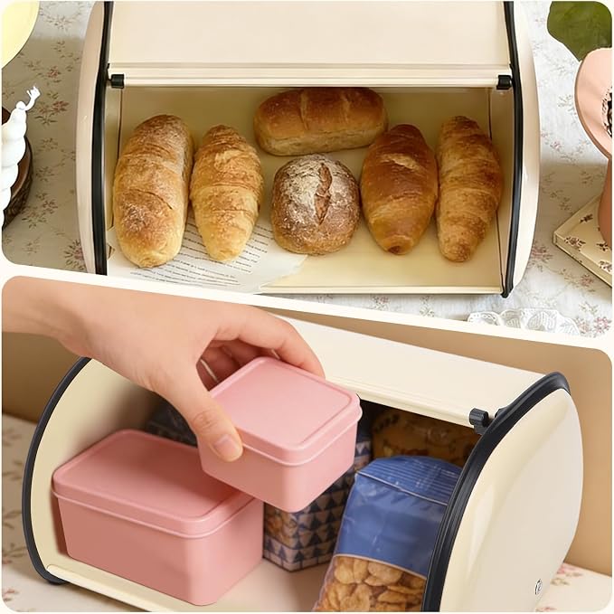 Bread Box,Roll Top Bread Box Vintage Bread Container for Kitchen Countertop Drum Type Metal Bread Storage Bin for Bread Cake Doughnut Biscuit Food Tableware (Type 1) - Image 3