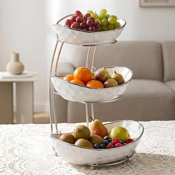 XUDREZ 2 Tier/ 3 Tier Fruit Bowl with Metal Stand for Kitchen Counter, Ceramic Gold Silver White, Portable Tiered Fruit Basket Fruit Rack for Nuts, Snacks, Bread, Candy Storage (White B, 3 Tier) - Image 3