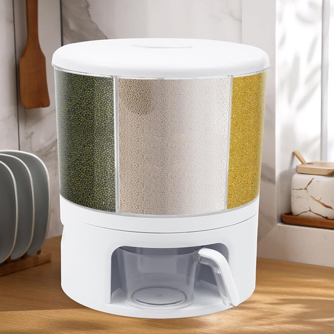 360° Rotating Grain Dispenser With 6 Grids, 24lbs Large Capacity Grain Dispenser Rotating Kitchen Storage Containers With Sealed Lid For Peanut Barley Millet And Cereal(White) - Image 3
