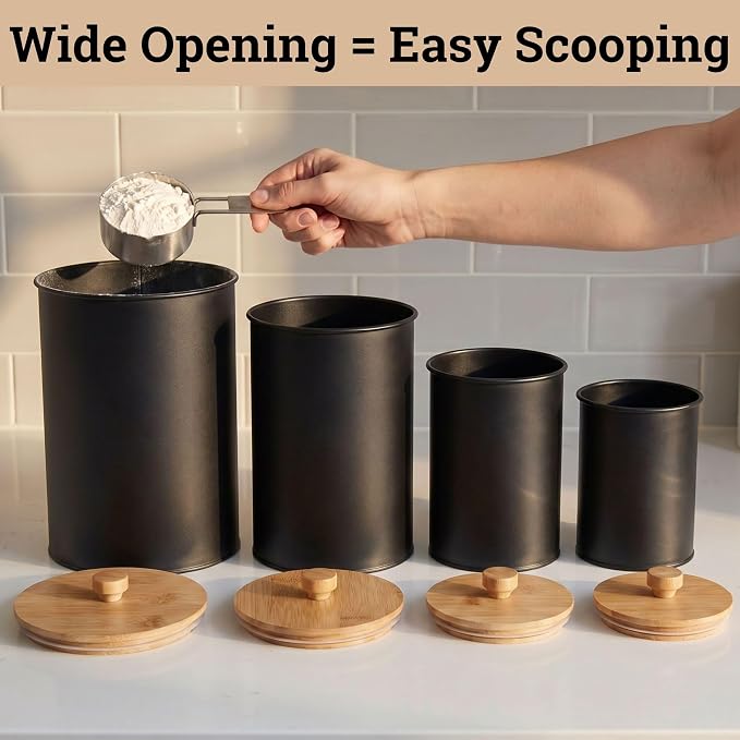 Kitchen Canisters for Countertop Set of 4 w/ Chalkboard Labels & Marker Pen | Airtight Easy Open Bamboo Lids, Dent-Resistant Thick Metal, Customizable Chalkboard Labels, Marker Pen Included, Set of 4 - Image 8