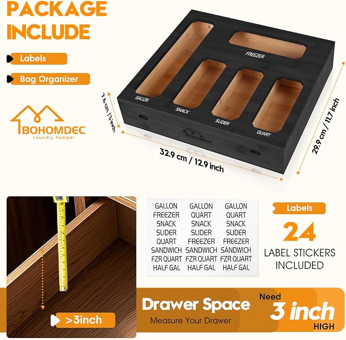 Bamboo Ziplock Bag Storage Organizer for Drawer -Black, 5 in 1 Baggie Organizer with 24 Labels - Fits Gallon, Quart, Sandwich & Snack Bags - Wall Mountable Kitchen Drawer Organizer - Image 3