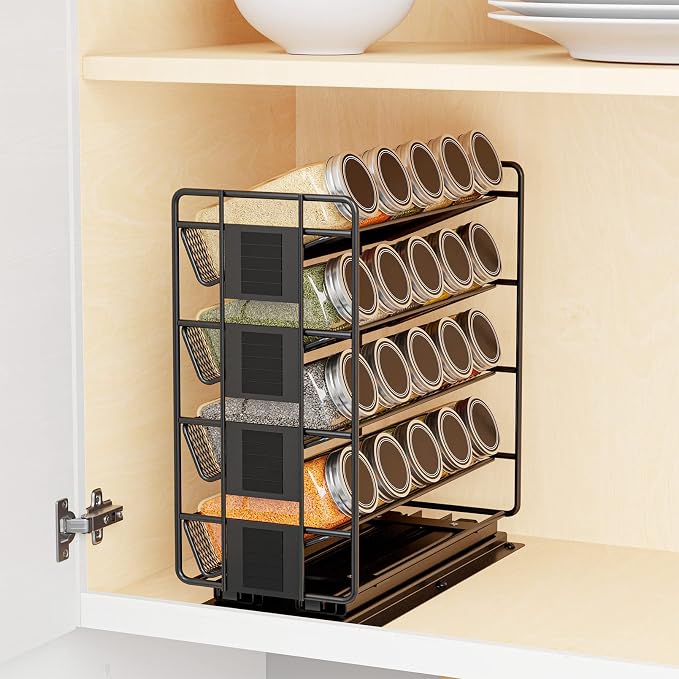 SpaceAid Pull Out Spice Rack Organizer with 20 Jars, Heavy Duty Slide Out Seasoning Organizer for Kitchen Cabinets, with 801 Labels and Chalk Marker, Right Facing (Pack of 2) - Image 3