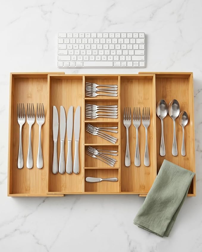 Expandable Bamboo Silverware Drawer Organizer – Adjustable 29" Wide Wooden Utensil Tray with 9-Compartments, Large Kitchen Flatware & Spoon Holder, Natural Solid Wood for Drawers - Image 7