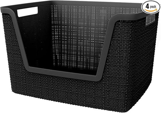 Curver Set of 4 Large 18L Easy Access Jute Decorative Plastic Organization and Storage Baskets - Perfect Bins for Home Office, Closet Shelves, Kitchen Pantry and All Bedroom Essentials, Black by Unknown