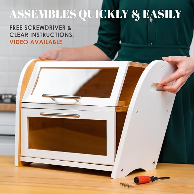 Arise Stylish Bamboo Bread Box for Kitchen Countertop, Extra Large 2-Shelf Wooden Bread Storage Container with Clear Windows and Air Vents Keep Bread, Bagels and Rolls Fresh, Self Assembly | Bread Storage Container with Clear Windows & Air Vents, Bread... - Image 6