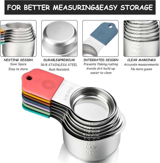 Magnetic Measuring Cups and Magnetic Measuring Spoons Set Stainless Steel | Including 7 Stackable Measuring Cup 8 Dual Sided Measuring Spoon with Leveler for Measuring Dry Liquid Ingredient - Image 2