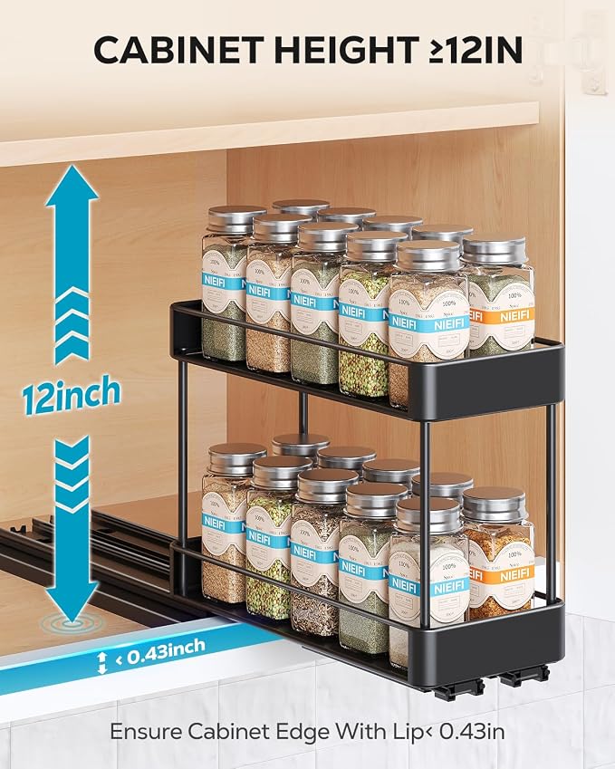 Nieifi Pull Out Spice Rack Organizer, 2 Tiers, 2 Pack | 4.1"Wx10.35"Dx8.4"H, For Cabinet, Easy to Install, Metal - Image 6