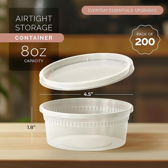 200 PACK (400 SETS) of 8 oz. Plastic Food Containers with Lids | Airtight, Microwave, Dishwasher, & Freezer Safe | Meal Prep, Disposable, Takeout Deli Soup Slime Round Food Storage Box - Image 2