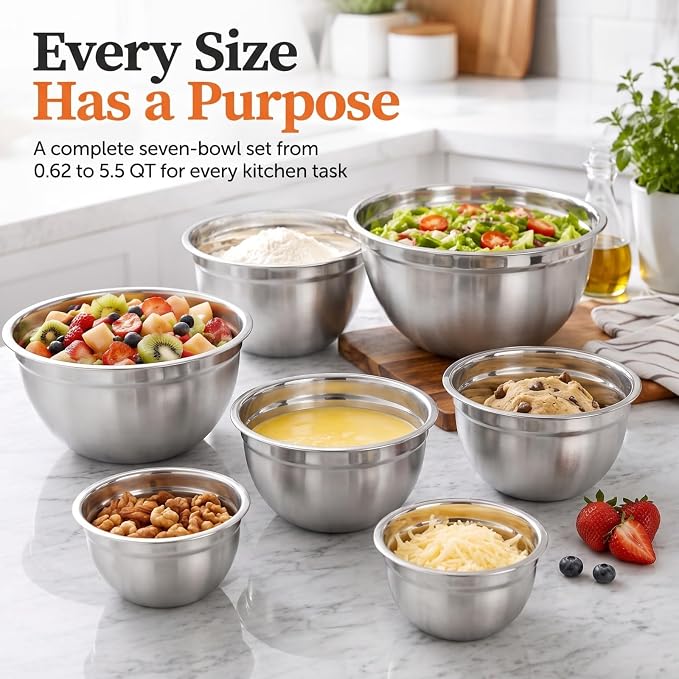 21PCS Mixing Bowls with Lids Set, 7 Mixing Bowls & 14 Measuring Spoons, Stainless Steel Nesting Bowls for Baking & Cooking Prepping Space Saving Storage, Kitchen Essentials, 0.6-5.5QT - Image 4