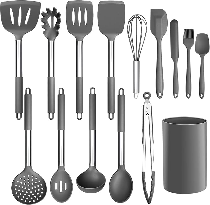LIANYU 15-Piece Cooking Kitchen Utensils Set with Holder | Silicone Kitchen Tools Stainless Steel Handle, Slotted Spatula Spoon Turner Tong Whisk Brush for Cooking, Gray by LIANYU