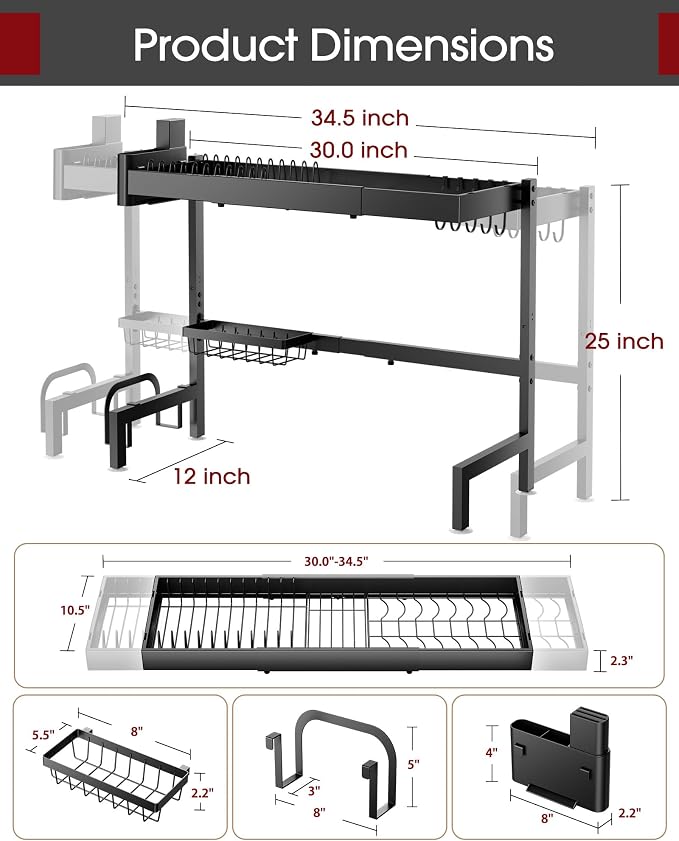Sakugi 2-Tier Dish Drying Rack Over The Sink, Expandable for Counter | Rustproof Stainless Steel Kitchen Storage Accessories, Space-Saving 30"–34.5"Lx12"Wx25"H, Black - Image 6