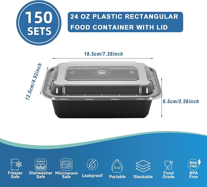 24oz Food Storage Containers with Lids, 150 Sets Disposable Meal Prep Boxes | Single Serving Meal Prep Boxes,Leak-Proof, Microwave Freezer Safe,Black To-Go Containers For Lunch Portion Control & Catering - Image 2