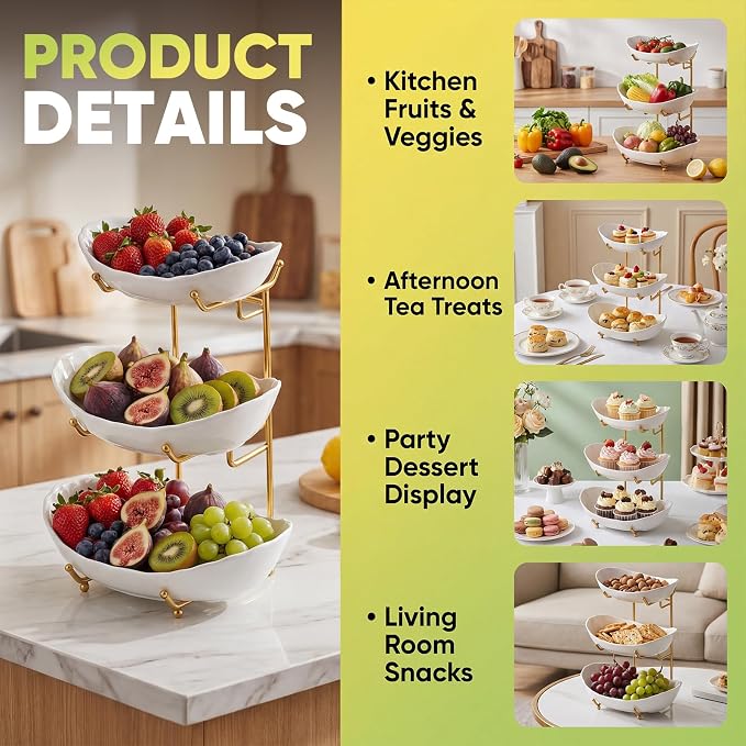GIRAVO 3 Tier Ceramic Fruit Bowl with Metal Stand, Tiered Countertop Fruit Basket, Serving Tray Stand for Kitchen Counter, Fruit & Vegetable Storage, White Bowls with Gold Rack - Image 5