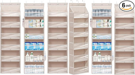 Over Door Organizer with 6 Extra Large Pockets 12 Side Pockets, Sturdy Closet Storage Rack, Hanging Storage Organizer with Clear Window for Shoes, Diaper, Bedroom, Bathroom, Beige, 6-Pack by Unknown