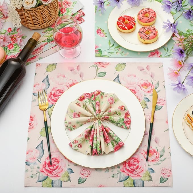 24 Pcs Cloth Napkins Bulk-15 x 15 Inch Soft Fabric Napkins Bulk Cloth Washable Reusable Plants Floral Square Napkin Cotton Dinner Towel for Spring Tea Party (Pink Flower) - Image 2