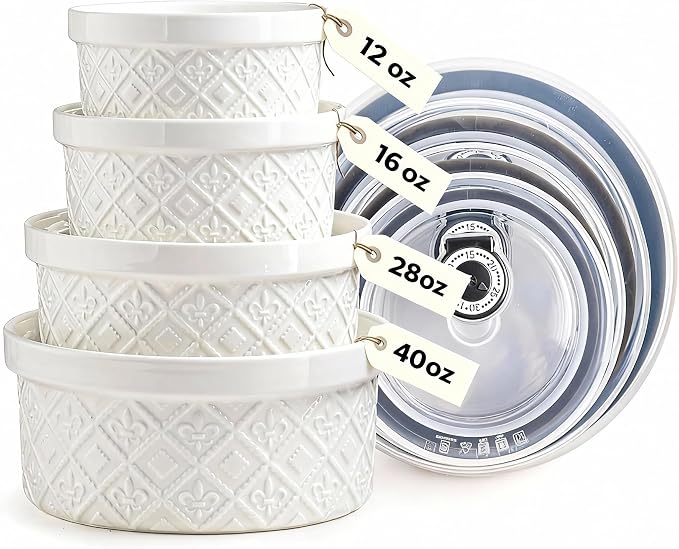 Large Mixing Bowls with Airtight Lids, Classic White Porcelain Embossed Nesting Salad Bowls for Baking and Cooking, 12/16/28/40oz Serving Bowls Set of 4, Oven and Dishwasher Safe, Thanksgiving Gift by MISSYSSIM