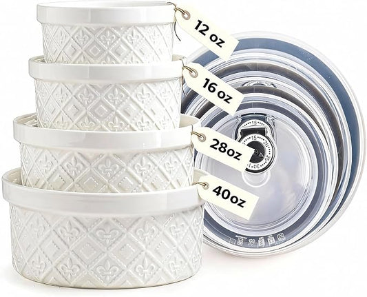 Large Mixing Bowls with Airtight Lids, Classic White Porcelain Embossed Nesting Salad Bowls for Baking and Cooking, 12/16/28/40oz Serving Bowls Set of 4, Oven and Dishwasher Safe, Thanksgiving Gift by MISSYSSIM