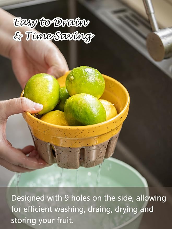 Gomakren Ceramic Berry Bowl Set of 2 Harvest Fruit Basket, Yellow + Brown | Drain Holes Keep Berries Fresh, Stackable, Wash & Serve | 5.8In Round Strawberry Grape Cherry Basket, Farmhouse Kitchen Decor - Image 3