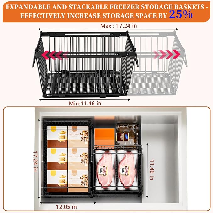 Large Freezer Organizer Bins for 10 to 20 Cu.Ft,Leak-Proof Bottom,2 Pack | ANJUBANFreezer Organizer Bins, Stackable,expandable,foldable,With handle Wire Storage Container Baskets for Sort Frozen Meats - Image 5