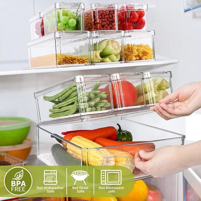 10 Pack Stackable Fridge Organizers and Storage Bins with Lids for Kitchen | PBA-Free Refrigerator Pantry Organizer Bins, Clear Plastic Food Storage Bins for Cabinets, Fruits, Vegetables, Cereals - Image 2