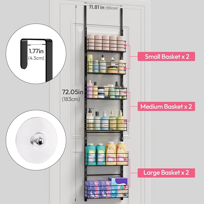 SWTYMIKI Over The Door Organizer - Door Organizer Hanging with 6 Adjustable Metal Large Capacity Basket, Wall Mounted Shelf for Bedroom Closet Bathroom Laundry Pantry Cabinet Kitchen(Black) - Image 3