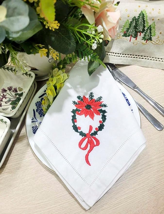 Embroidered Cloth Napkin Poinsettia Wreath Christmas Cotton Napkins Set of 6, 20 x 20 Hemstitch Table Napkins, Machine Washable, Daily & Holidays, Great Gift Ideas - Image 2