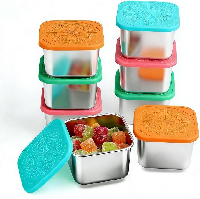 8 Pack 180ml/6oz Stainless Steel Snack Containers with Silicone Lids | 180ml Small Metal Food Storage Boxes for School Daycare Picnic Summer Camp, Reusable BPA-Free Meal Prep Condiment Cups by EKACO