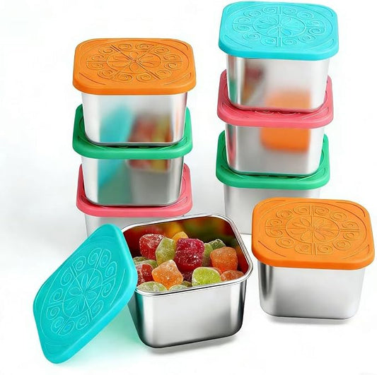 8 Pack 180ml/6oz Stainless Steel Snack Containers with Silicone Lids | 180ml Small Metal Food Storage Boxes for School Daycare Picnic Summer Camp, Reusable BPA-Free Meal Prep Condiment Cups by EKACO