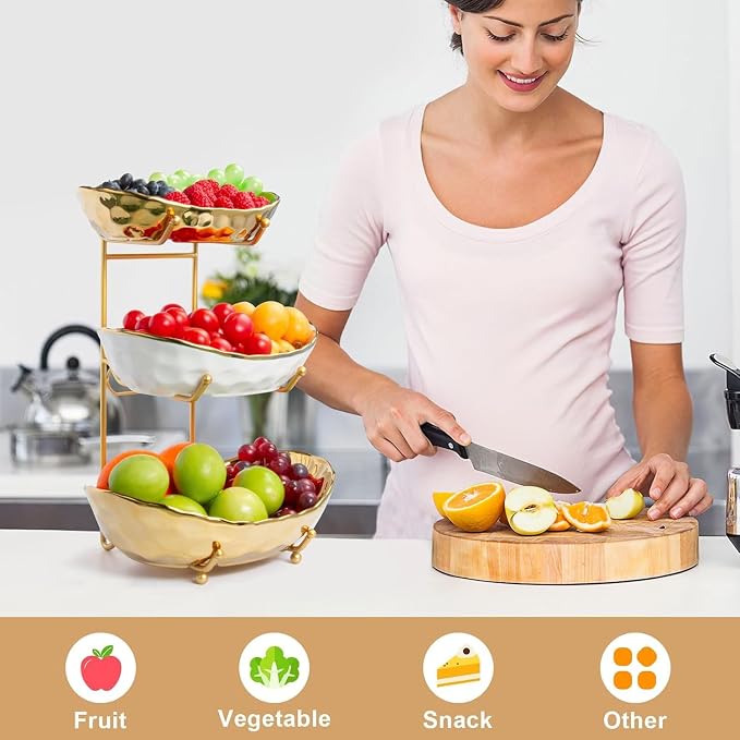 Fruit Bowl for Kitchen Counter, Tiered Fruit Basket for Countertop, 3 Tier Ceramic Fruit Basket with Metal Stand, Fruit Bowl for Fresh Fruit&Veggies (Gold) - Image 6
