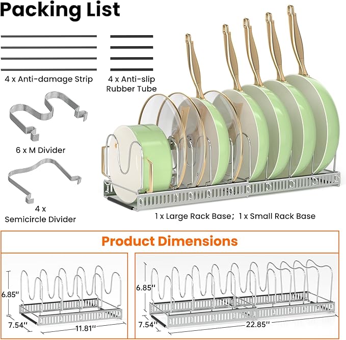 MUDEELA Expandable Pot Pan Lid Organizers inside Cabinet, 10 Divider-Silver | Expandable 11.8–22.9", 10 Adjustable Divider, Tool-Free Assembly, Non-Slip, Scratch-Proof, For Pan Lid Cutting Board Bakeware - Image 6