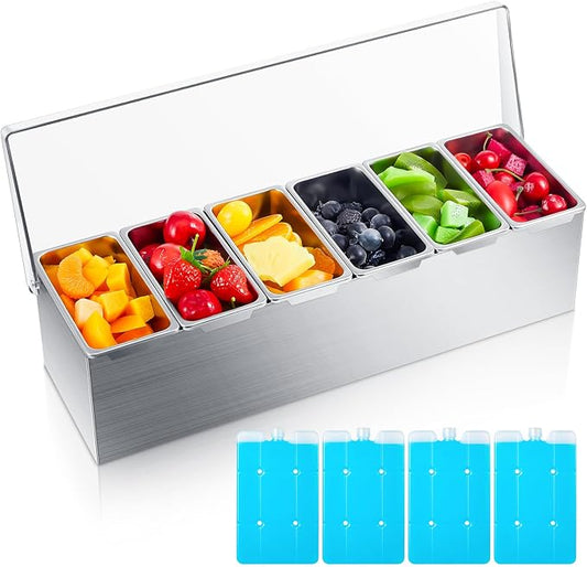 Boao 6 Slot Ice Chilled Stainless Steel Condiment Caddy with 4 Ice Packs, 20oz Compartment Garnish Tray, Toppings Containers with Lids for Summer Bar BBQ Picnic Sauce Fruit Party Food Station by Boao