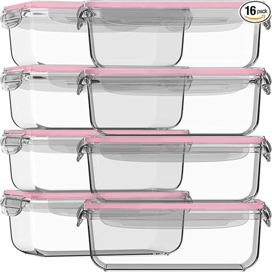 Razab 16 Pc (Set of 8) 30 Oz Glass Meal Prep Containers with Lids, Airtight Large Glass Food Storage Containers, Reusable Leak Proof BPA Free, Freezer to Oven and Dishwasher Safe by RazabHomeGoods