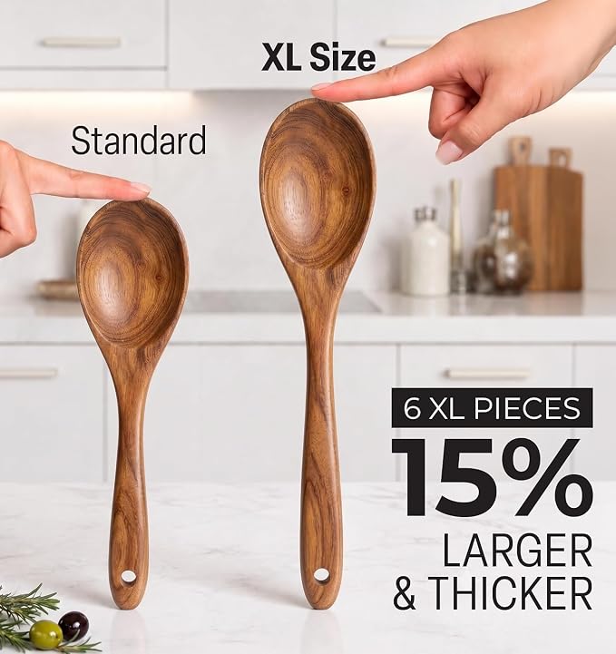 Zulay Kitchen Extra-Large 6-Piece Wooden Spoon Set - Smooth Teak Cooking Utensils - Comfort-Grip Non-Stick Turner, Spatula, Skimmer, Fork, Serving Spoon - Image 2