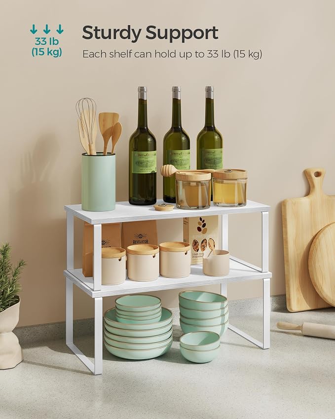 SONGMICS Cabinet Organizer Shelf, Set of 4 Kitchen Counter Shelves, Kitchen Storage, Spice Rack, Stackable, Expandable, Metal and Engineered Wood, Cloud White and Snow White UKCS028W01 - Image 4