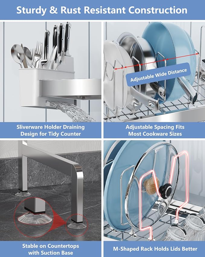 3 Tier Extra Large Over The Sink Dish Drying Rack, Expandable Stainless Steel Dish Drainer with Multifunctional Organizer, Space-Saving Above Sink Dish Rack with Large Capacity for Kitchen Counter - Image 6