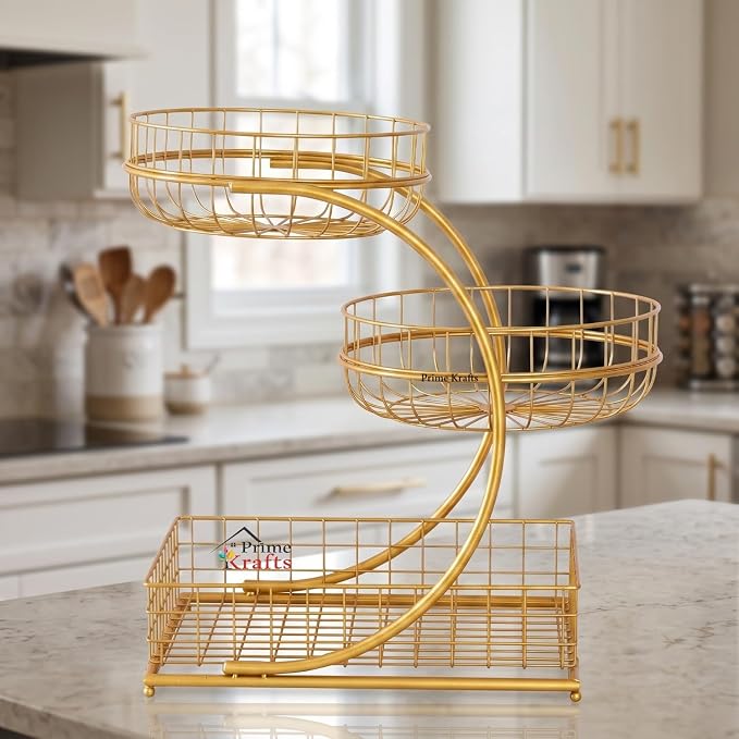3 Tier Fruit Basket Bowl for Home and Kitchen | Countertop Metal Wire Kitchen Storage Basket for Fruits, Vegetables and Snacks - Gold - Image 7