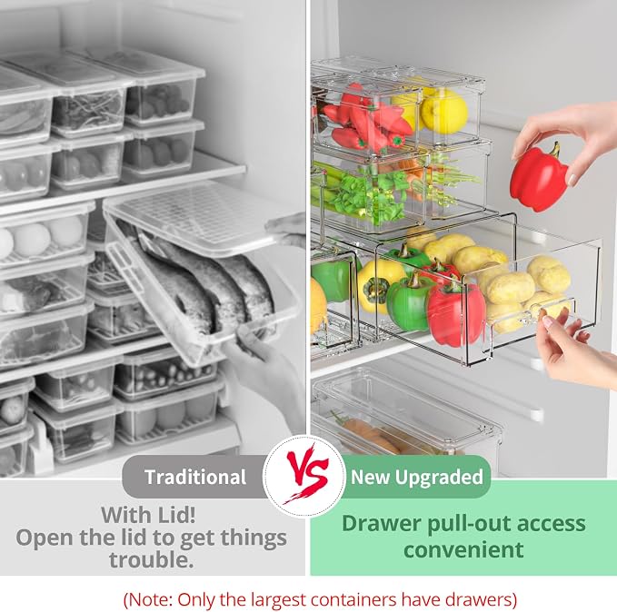 damynuo 14Pack Fridge Organizer Bins, Clear Refrigerator Organizing Containers with Lids and Refrigerator Drawers, Stackable Food, Vegetable and Fruit Containers for Fridge Organizers and Storage - Image 3