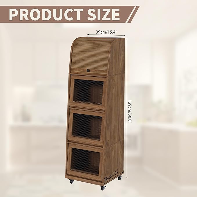 Movable Potato Storage Bins, Fruit Vegetable Basket, Kitchen Pantry Cabinet | Tall Large Potato and Onion Storage Bin, for Bread, Mid Century Modern, Wooden, with Sliding Door and Wheels, 4 Tier, Walnut - Image 5