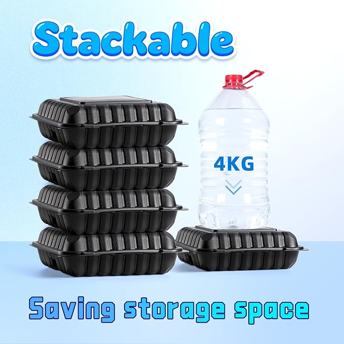 YANGRUI 65-Pack 30oz Black Takeout Containers - Shrink Wrapped No Pre-Wash | 3-Compartment Heavy Duty Mineral Filled PP, Microwave & Freezer Safe | Leak-Resistant Clamshell for Leftovers & Meal Prep - Image 5